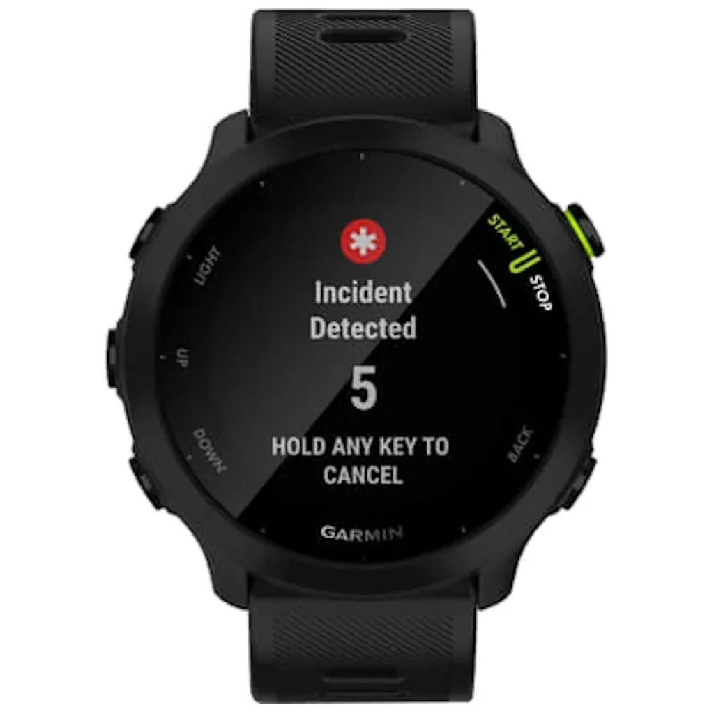 Garmin Forerunner 55 Negro – reloj inteligente con caja redonda negra, correa de silicona texturizada, pantalla a color y botón Start verde destacado