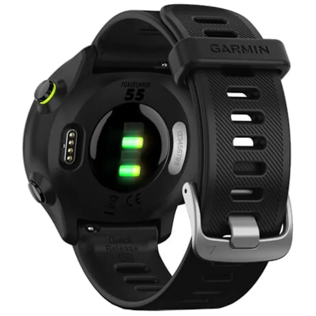 Garmin Forerunner 55 Negro con sensor óptico verde, carcasa redonda mate, correa de silicona perforada y hebilla metálica, agarre deportivo y seguro