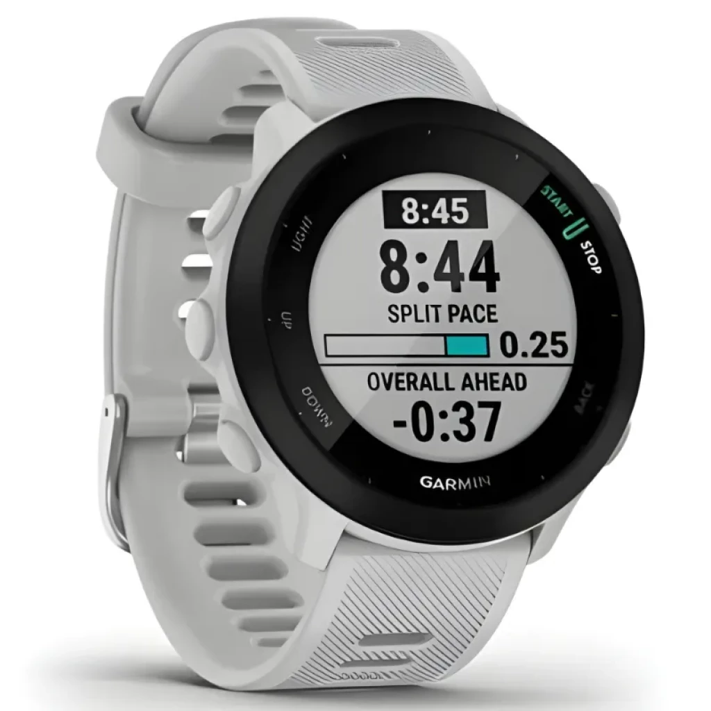 Garmin Forerunner 55 Branco – smartwatch esportivo com caixa redonda, moldura preta, pulseira branca ventilada e tela com métricas de corrida em destaque