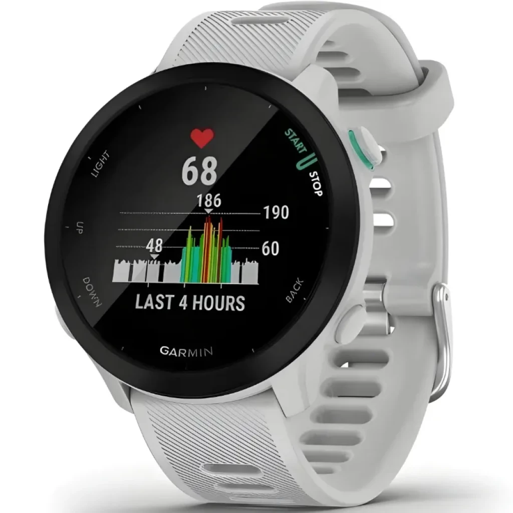 Garmin Forerunner 55 Branco - Smartwatch com mostrador redondo preto, gráfico de batimentos, botões Start/Stop, pulseira de silicone branca com fivela