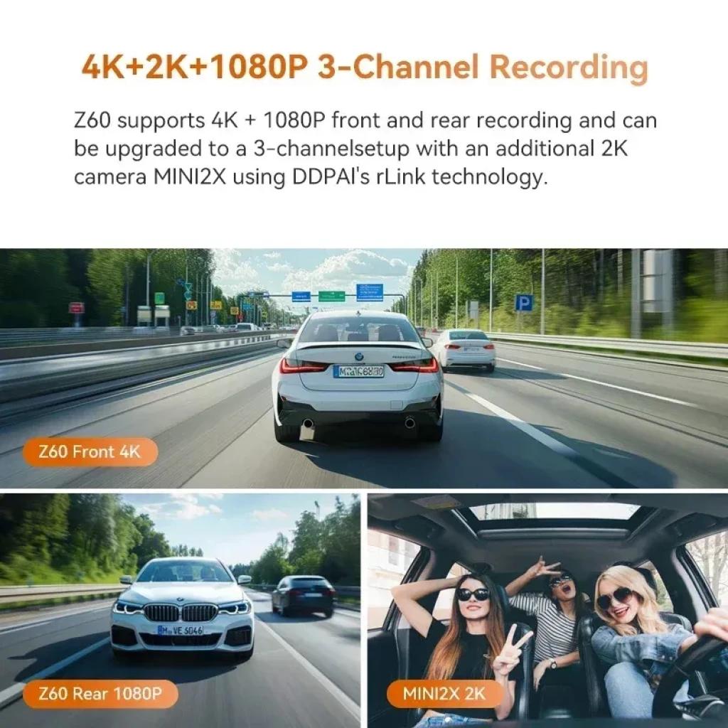 DDPAI Z60 2CH 4K avec module Cloud 4G, enregistrement 4K avant et 1080p arrière, option 3 canaux avec caméra MINI2X 2K, idéal conduite et sécurité