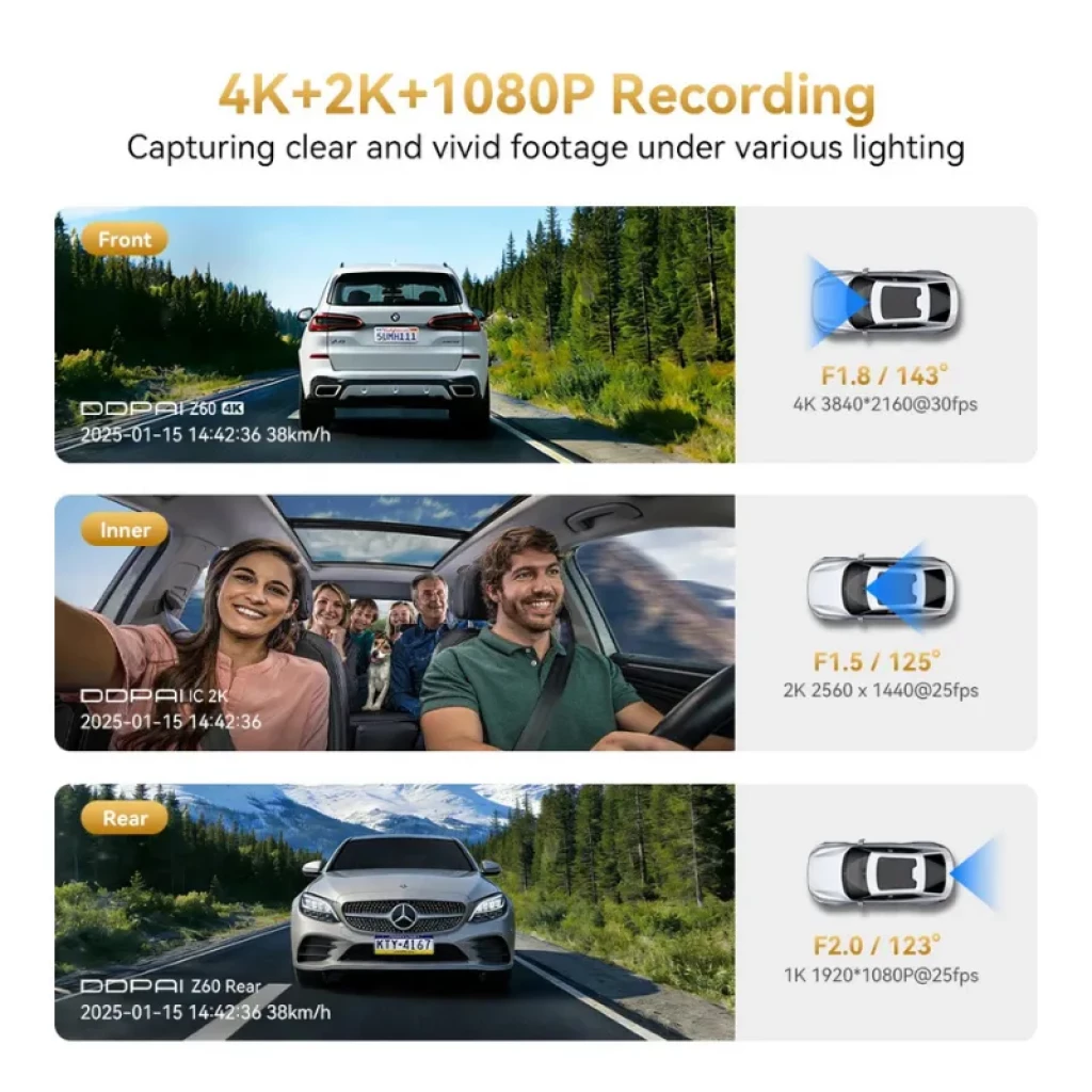 DDPAI Z60T 3CH 4K: gravação 4K+2K+1080p, lentes F1.8/F1.5/F2.0, ângulos 143°/125°/123°, visão frontal, interna e traseira, nitidez