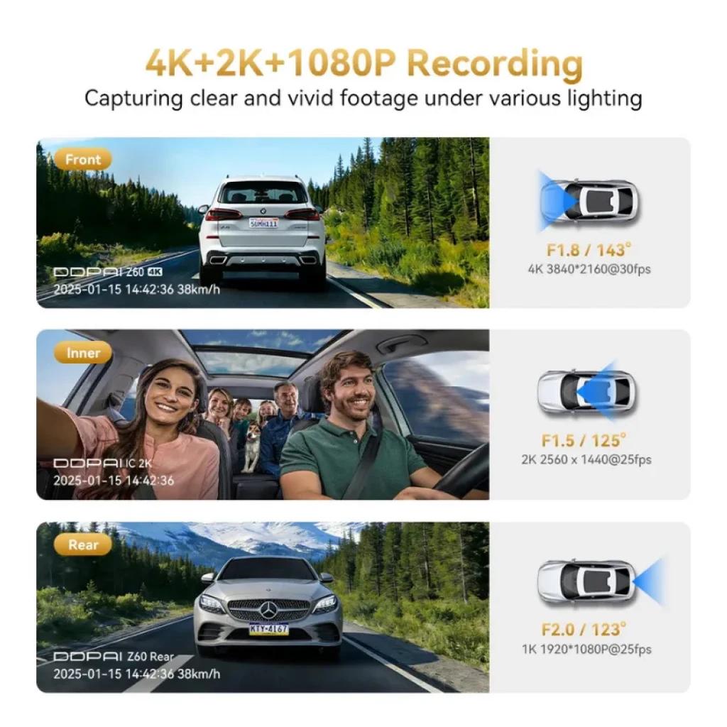 DDPAI Z60T 3CH 4K: gravação 4K+2K+1080p, lentes F1.8/F1.5/F2.0, ângulos 143°/125°/123°, visão frontal, interna e traseira, nitidez