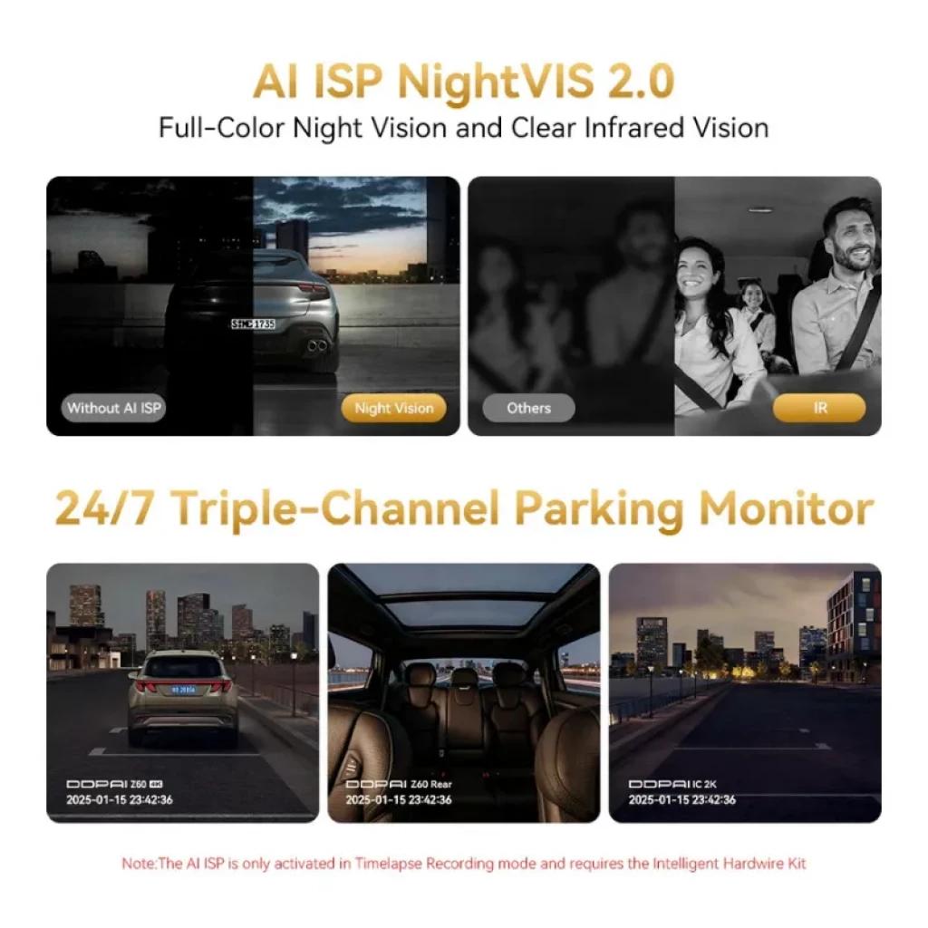 DDPAI Z60T 3CH 4K: visão noturna colorida e IR, monitoramento de estacionamento 24/7 em 3 canais, gravação frontal, traseira e interna