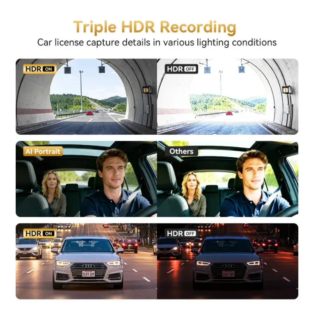 DDPAI Z60T 3CH 4K: gravação HDR tripla, capta placas em túneis e à noite; retrato com IA mais nítido que câmeras comuns