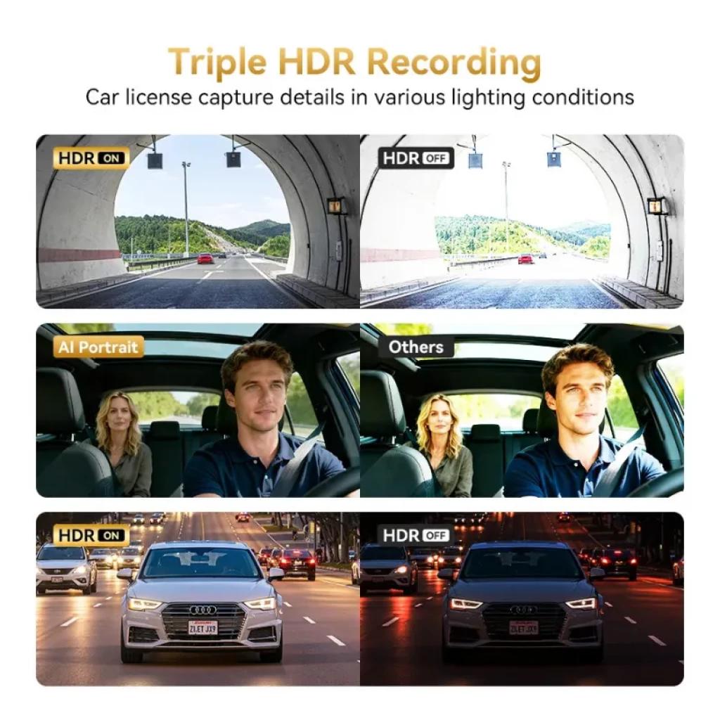 DDPAI Z60T 3CH 4K: gravação HDR tripla, capta placas em túneis e à noite; retrato com IA mais nítido que câmeras comuns