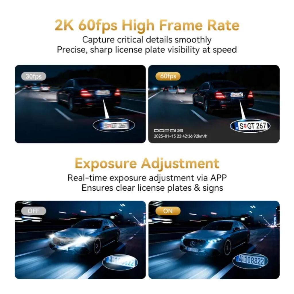 Ecrã comparativa mostrando gravação 2K 60fps e ajuste de exposição em tempo real via app, destacando placas e sinais nítidos mesmo à noite