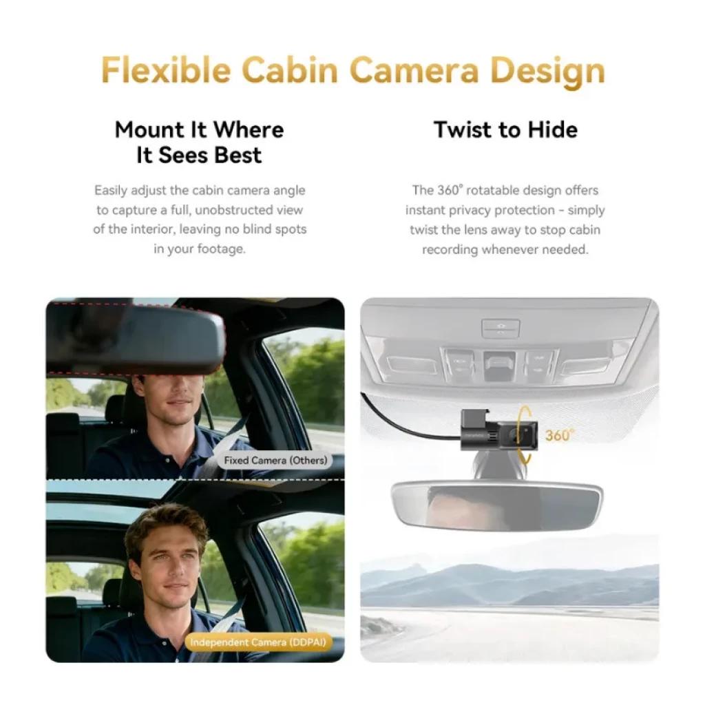 Câmara interna rotativa 360° com montagem flexível, ângulo ajustável e design que esconde a lente; captura clara do condutor e cabine sem pontos cegos