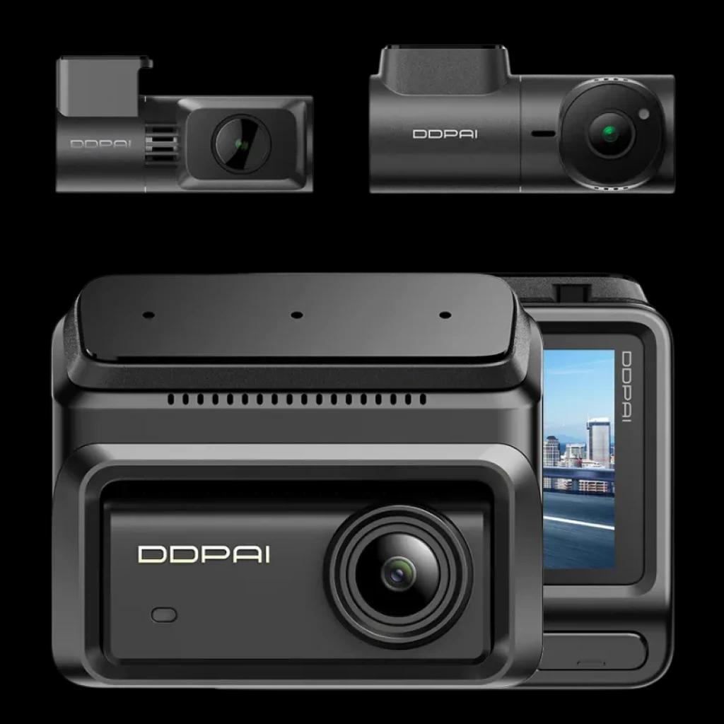 DDPAI Z90 3CH 4K - Caméra pour voiture avec triple modules: objectif avant 4K, caméras intérieure et arrière compactes, écran intégré, design noir