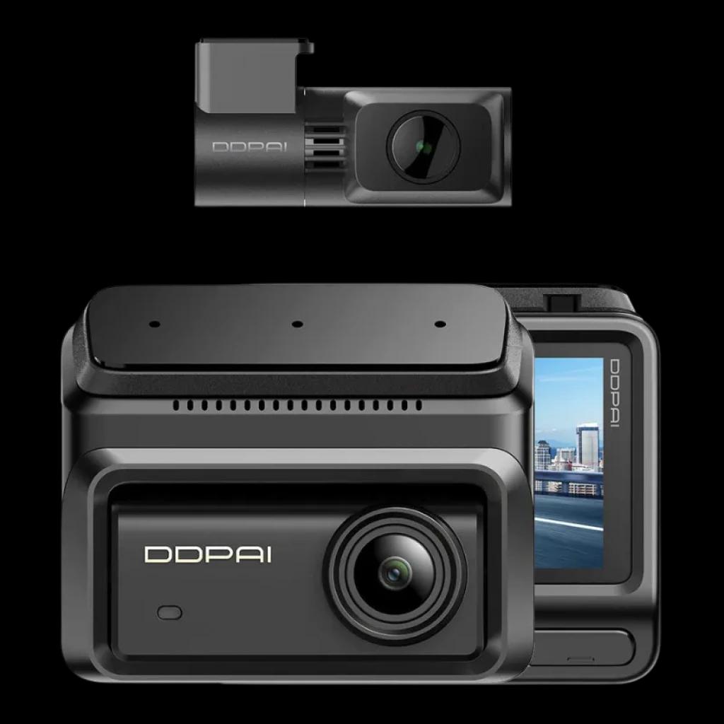 DDPAI Z90 2CH 4K - Câmara para automóvel com lente frontal grande angular, módulo traseiro compacto, tela lateral, corpo preto fosco e design robusto