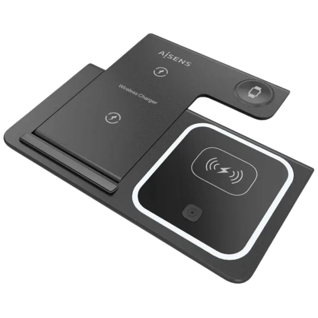 Aisens ASCH-15BK3BKC043-BK 3 em 1 preto, base dobrável Qi 15W com áreas dedicadas para smartphone, smartwatch e earbuds, design compacto e moderno