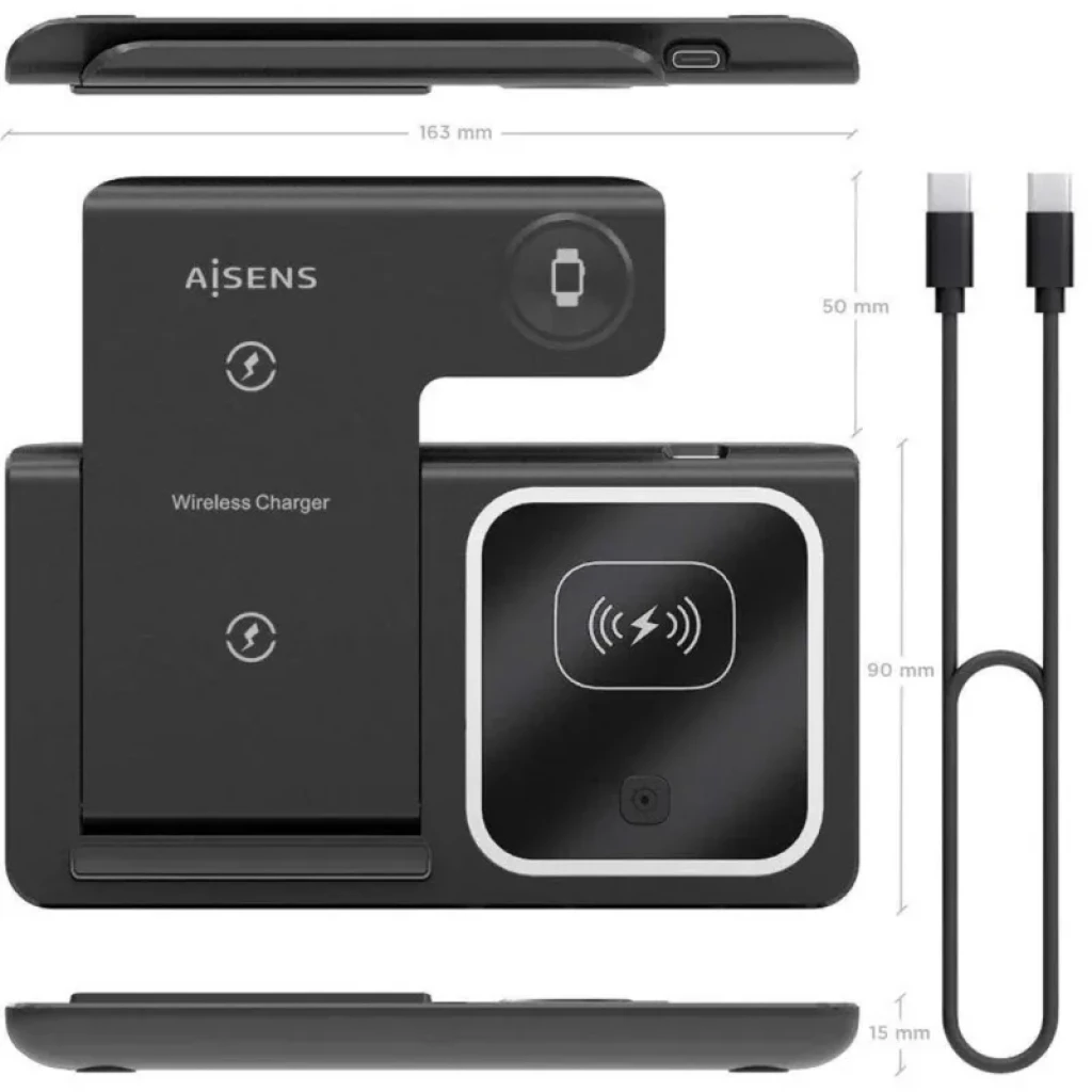 Aisens ASCH-15BK3BKC043-BK 3 em 1 Qi 15W preta dobrável com três áreas de carga sem fios, base magnética para smartphone, Apple Watch e earbuds, cabo USB-C