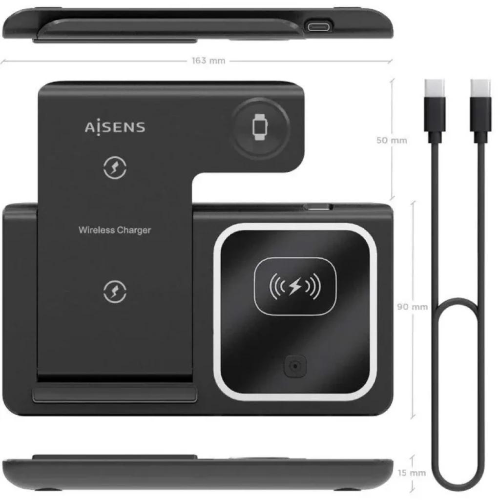 Aisens ASCH-15BK3BKC043-BK 3 em 1 Qi 15W preta dobrável com três áreas de carga sem fios, base magnética para smartphone, Apple Watch e earbuds, cabo USB-C
