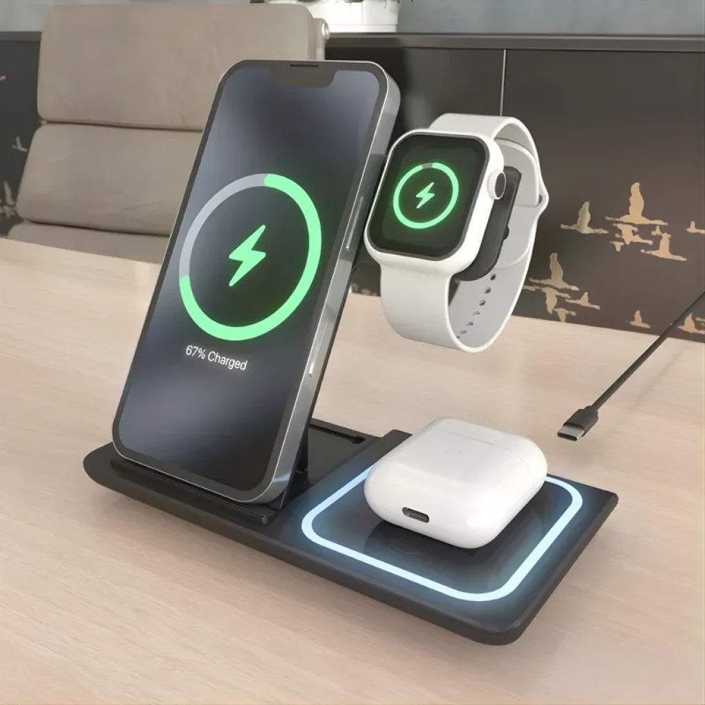 Base de carregamento sem fios 3 em 1 dobrável preta com suportes para iPhone, Apple Watch e AirPods, luz LED indicadora e design compacto sobre mesa