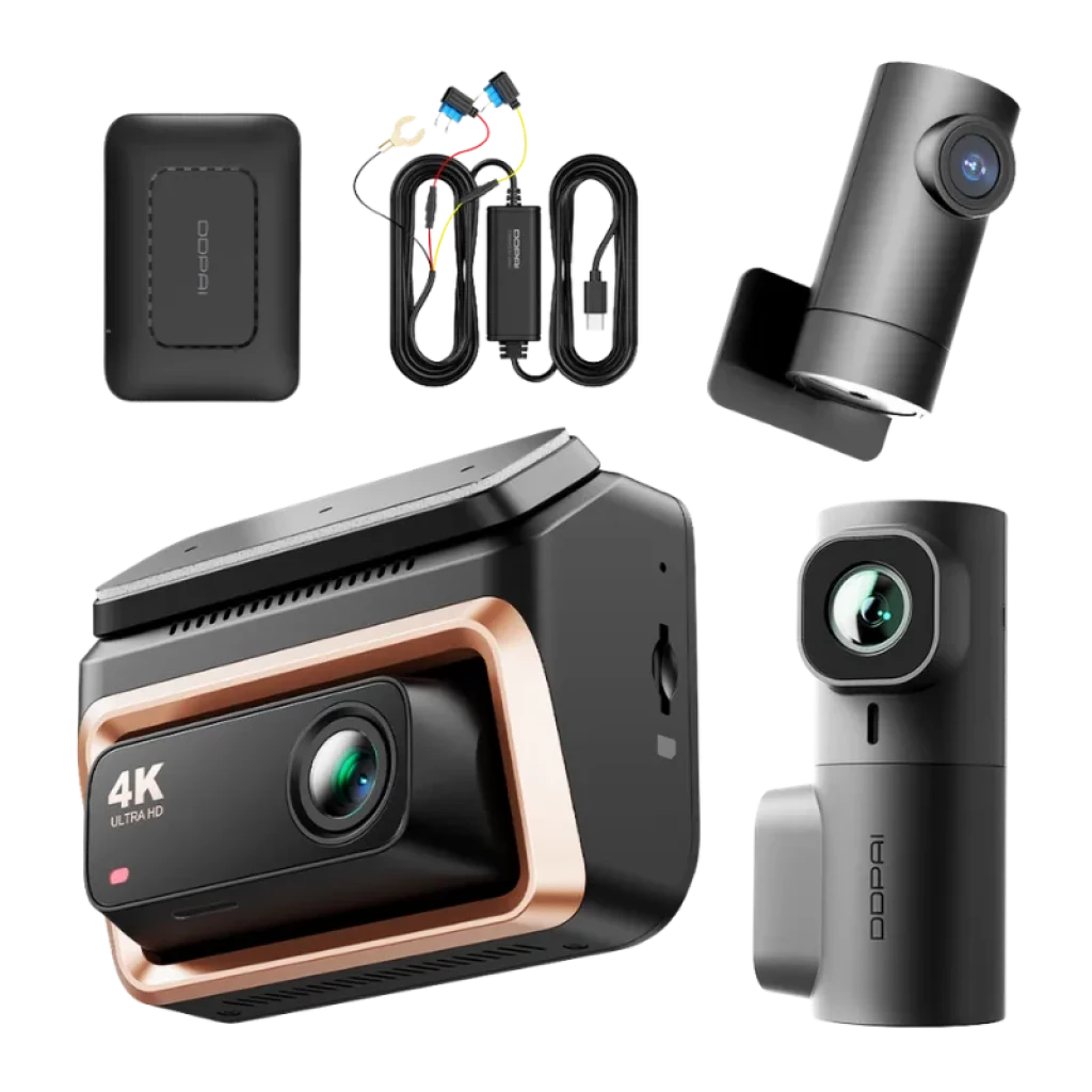 Caméra embarquée DDPAI Z60 Pro 3 canaux 4K avec module 4G, lentilles avant et intérieures, caméra arrière compacte, câbles et boîtier d’alimentation