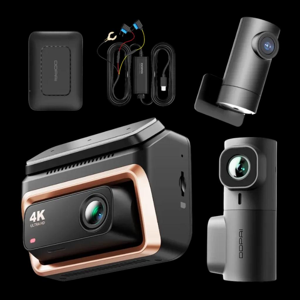 Caméra embarquée DDPAI Z60 Pro 3 canaux 4K avec module 4G, lentilles avant et intérieures, caméra arrière compacte, câbles et boîtier d’alimentation