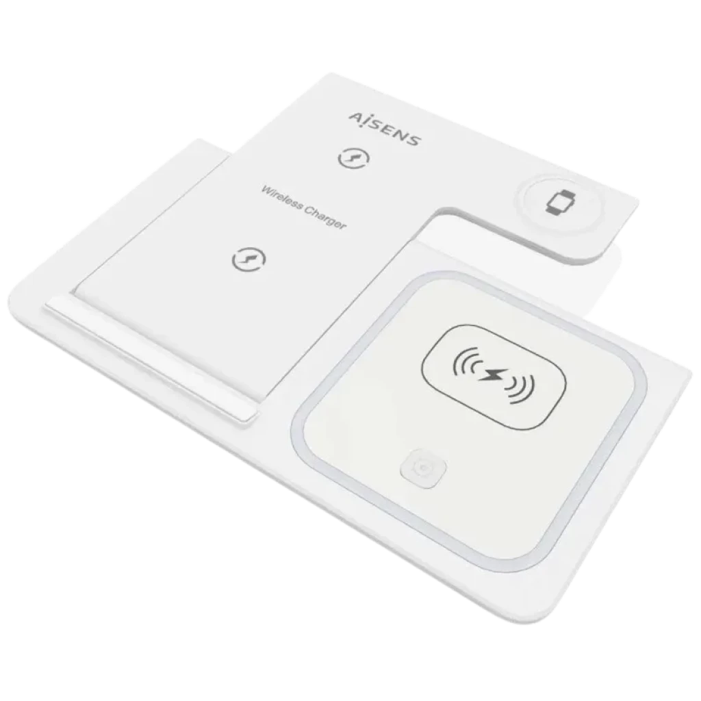 Base de carregamento sem fios Aisens ASCH-15W3WC044-W 3 em 1, branca e dobrável, com áreas dedicadas para smartphone, smartwatch e earbuds, potência até 15
