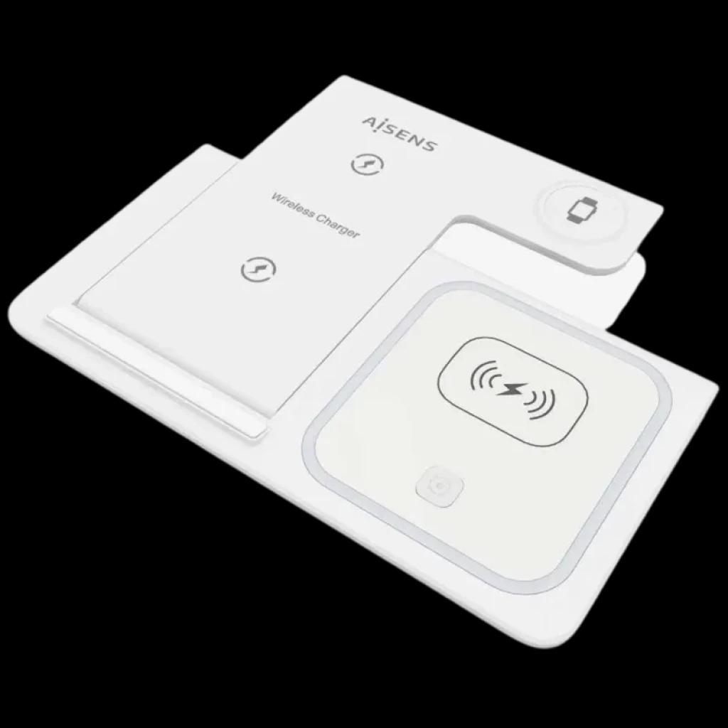 Base de carregamento sem fios Aisens ASCH-15W3WC044-W 3 em 1, branca e dobrável, com áreas dedicadas para smartphone, smartwatch e earbuds, potência até 15