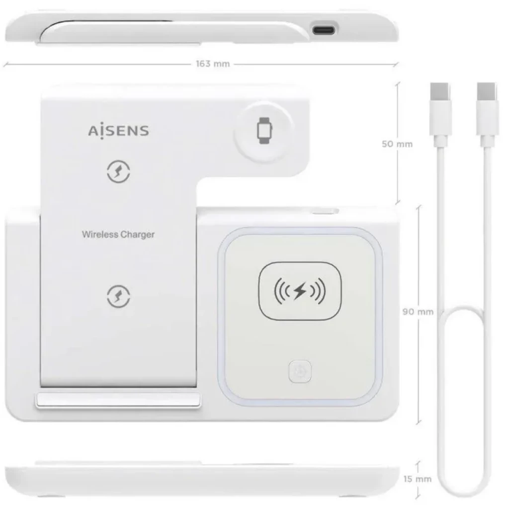 Aisens ASCH-15W3WC044-W carregador sem fios 3 em 1, 15 W, dobrável, branco, base para smartphone, smartwatch e earbuds com porta USB-C e cabo incluído