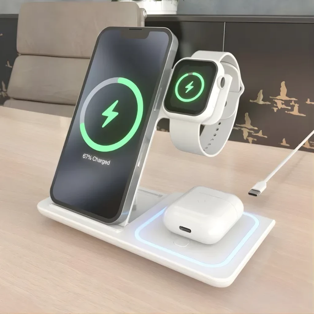 Aisens ASCH-15W3WC044-W base branca dobrável 3 em 1 com carregamento Qi 15 W para iPhone, Apple Watch e earbuds, luz LED indicadora e cabo USB-C