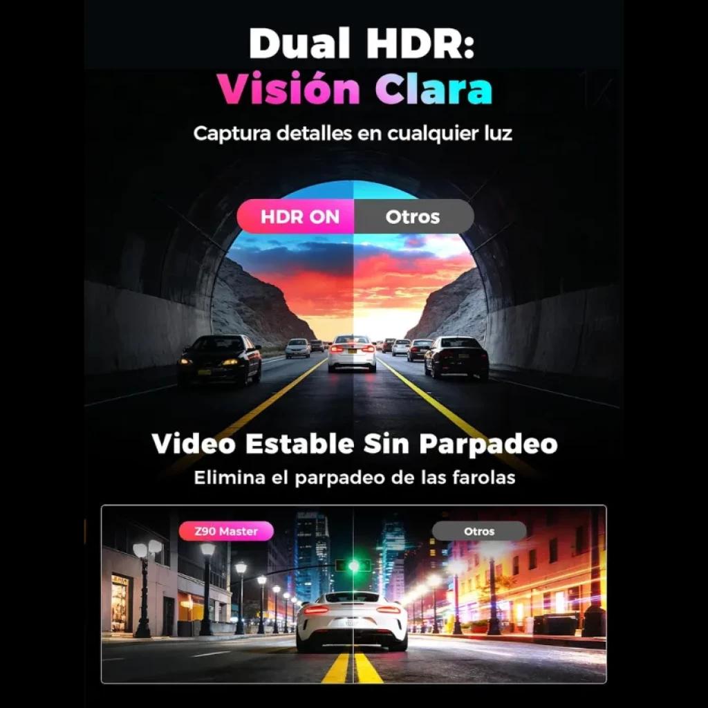 DDPAI Z90 Master 2CH 4K – Caméra embarquée avec Dual HDR, vision claire jour et nuit, image stable sans scintillement, détails nets sous tunnels et ville