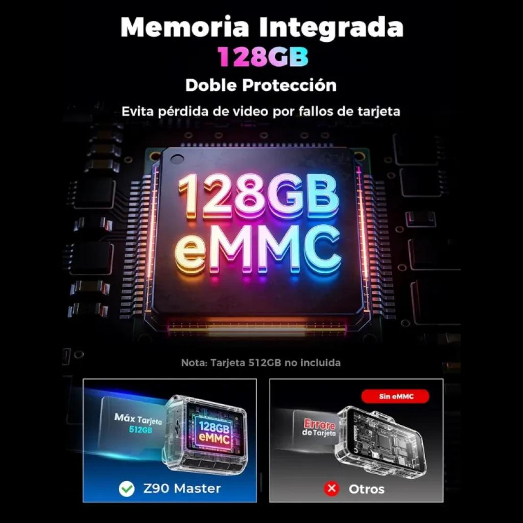 DDPAI Z90 Master 2CH 4K – Mémoire eMMC intégrée 128 Go, double protection contre erreurs de carte, visuel de puce lumineuse sur carte électronique
