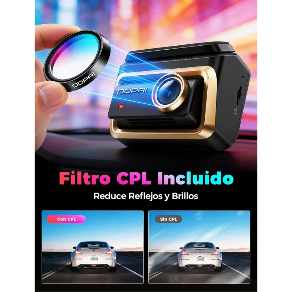 DDPAI Z90 Master 2CH 4K Caméra pour voiture avec filtre CPL inclus, boîtier noir et doré, objectif grand angle, réduit reflets et éblouissements