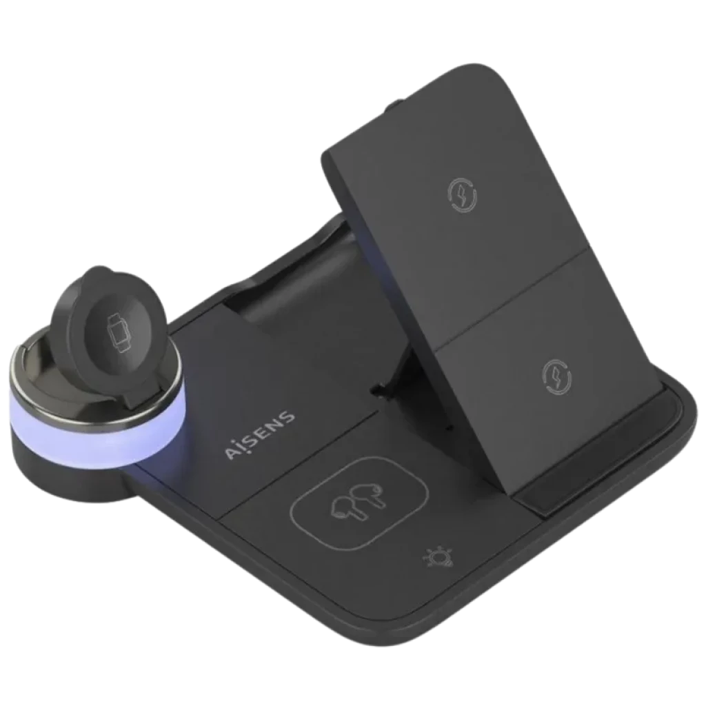 Aisens ASCH-15W4WC062-W chargeur sans fil 4 en 1 noir avec base 15 W Qi, support inclinable pour smartphone, station Apple Watch et zone pour écouteurs