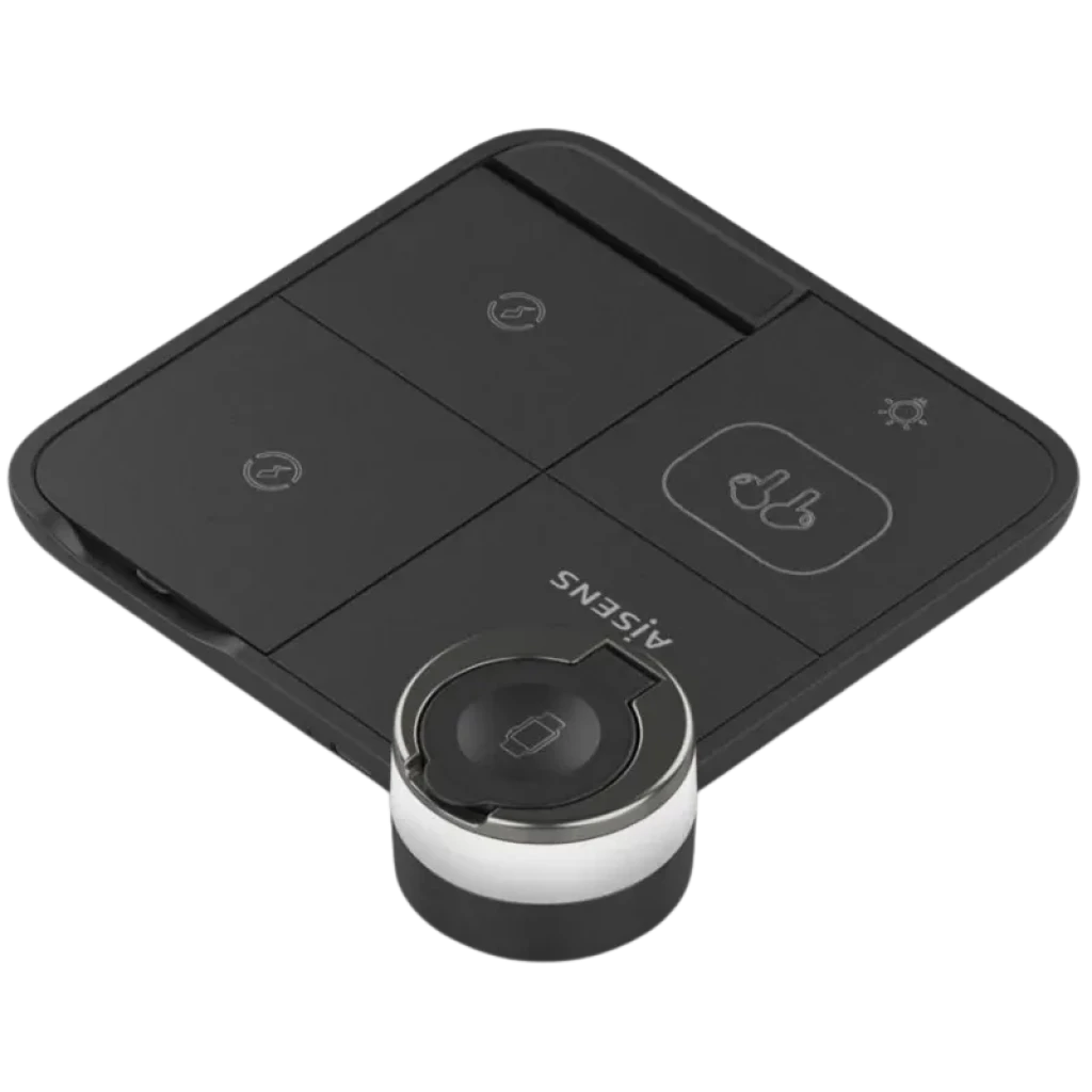 Aisens ASCH-15W4WC062-W Chargeur sans fil 4 en 1 15 W Qi Noir, base carrée noire avec zones dédiées et module magnétique pour montre, design épuré