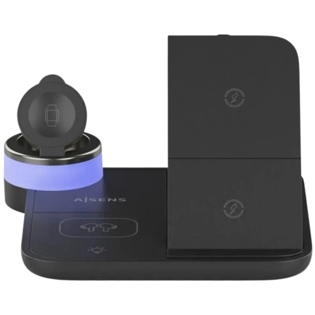 Aisens ASCH-15W4WC062-W Chargeur sans fil 4 en 1 15 W Qi Noir, socle magnétique pour montre, zones dédiées smartphone et écouteurs, design compact noir