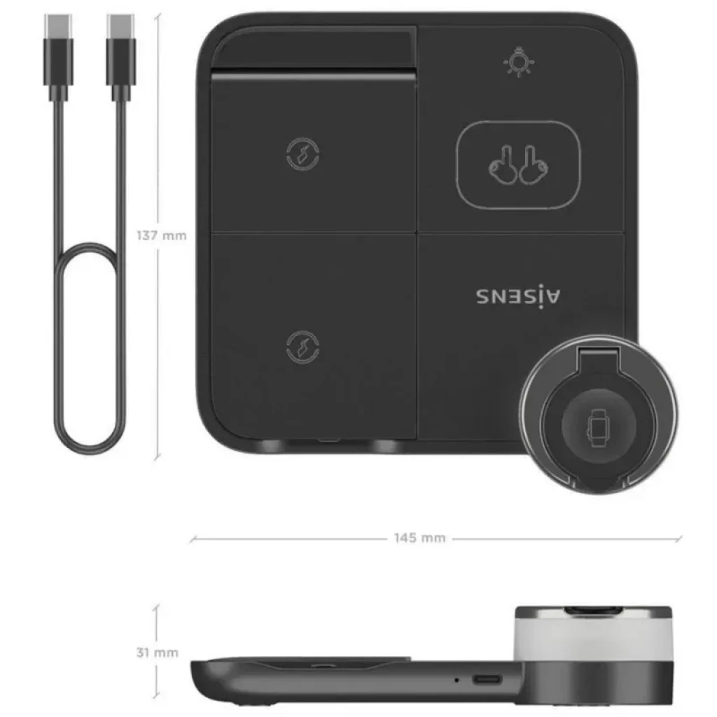 Aisens ASCH-15W4WC062-W Chargeur sans fil 4 en 1 15 W Qi Noir, base compacte noire avec zones dédiées, support Apple Watch, port USB-C, design plat