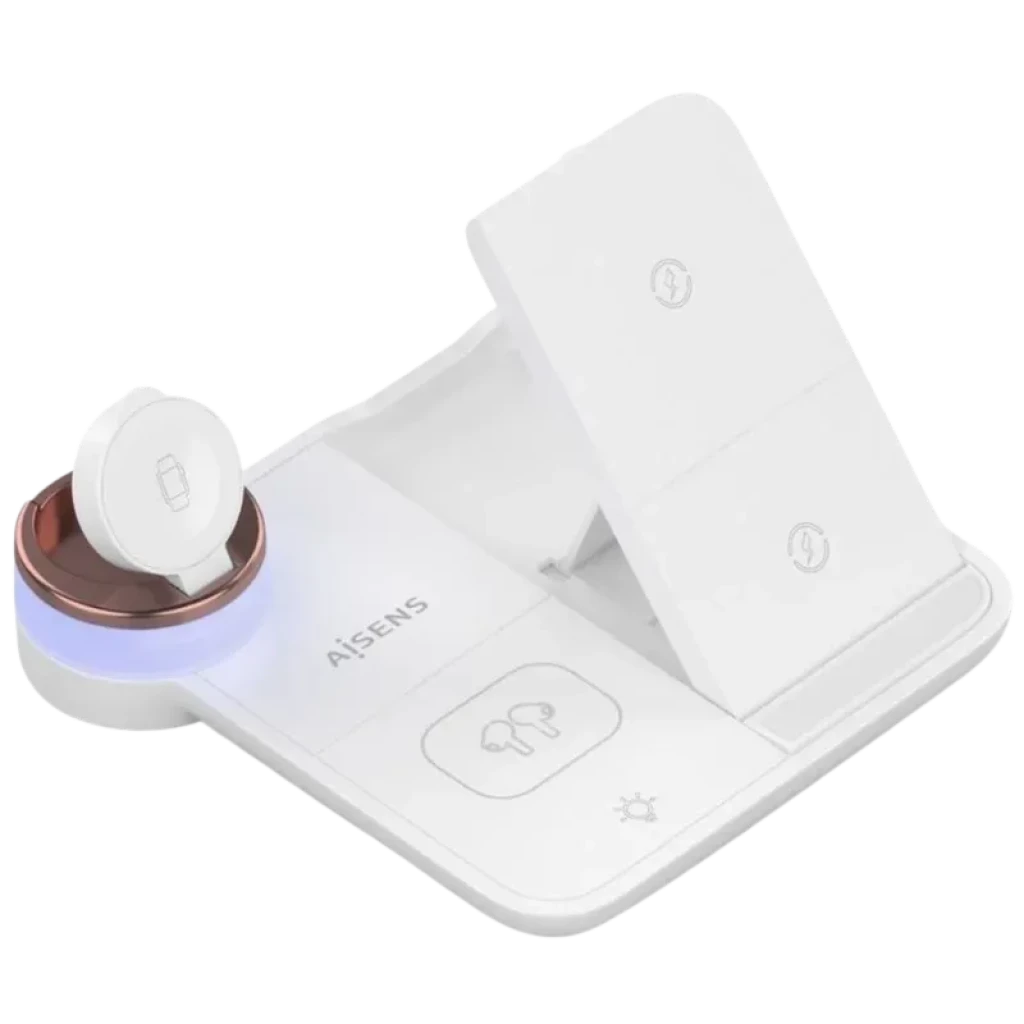 Aisens ASCH-15W4WC061-W chargeur sans fil 4 en 1 blanc 15 W, base modulable avec support inclinable, zone AirPods, pad smartphone et dock montre avec anneau