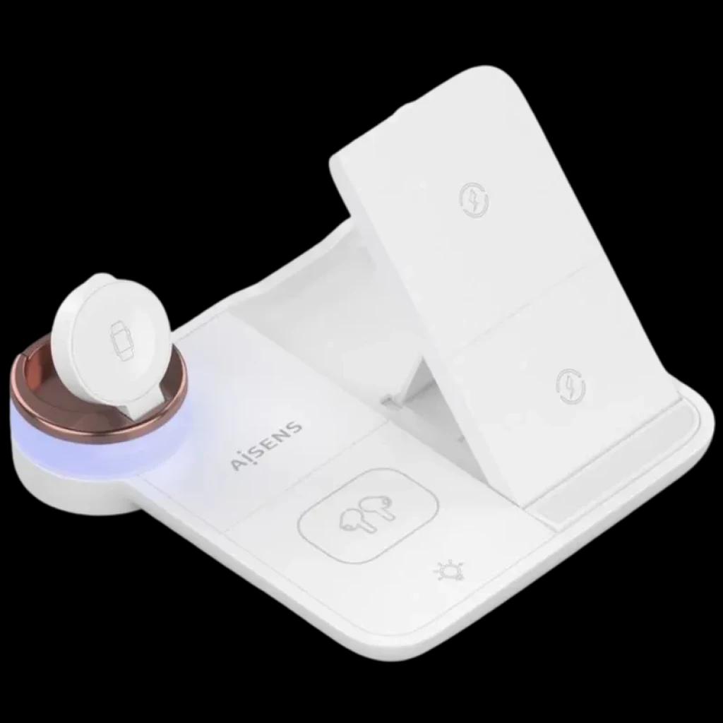 Aisens ASCH-15W4WC061-W chargeur sans fil 4 en 1 blanc 15 W, base modulable avec support inclinable, zone AirPods, pad smartphone et dock montre avec anneau