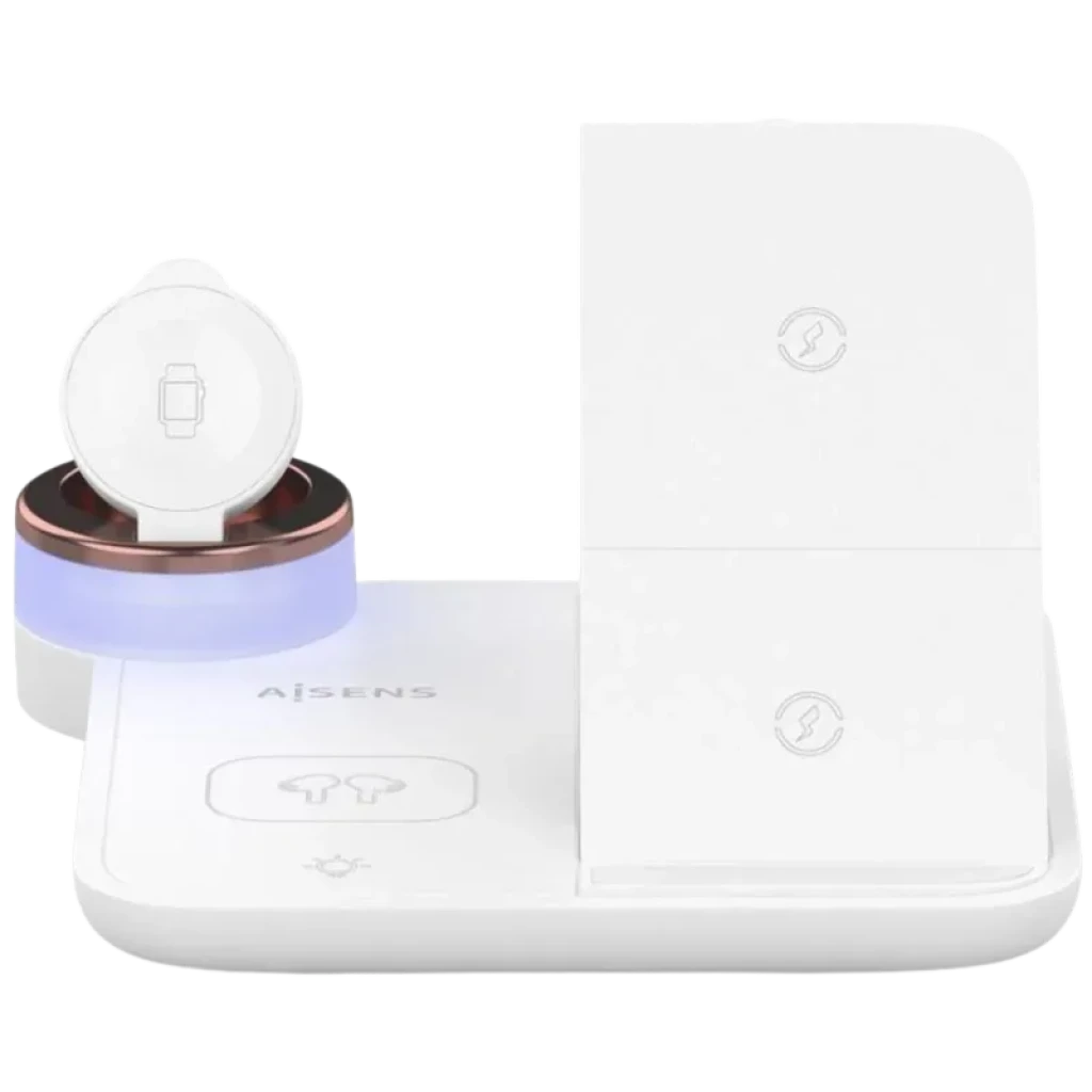 Station de charge sans fil blanche 4 en 1 Aisens 15 W avec supports pour smartphone, écouteurs et Apple Watch, design compact et surface antidérapante