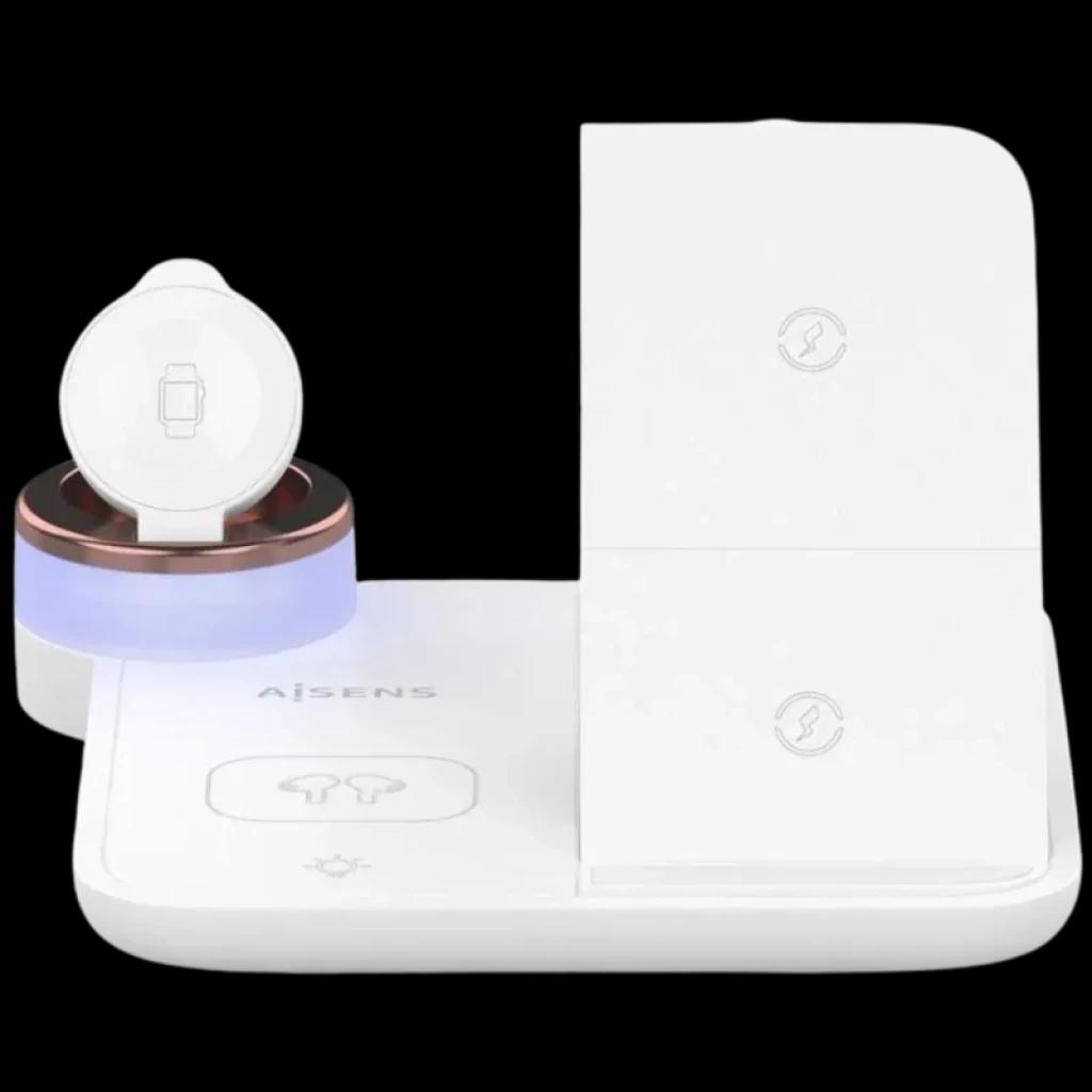 Station de charge sans fil blanche 4 en 1 Aisens 15 W avec supports pour smartphone, écouteurs et Apple Watch, design compact et surface antidérapante