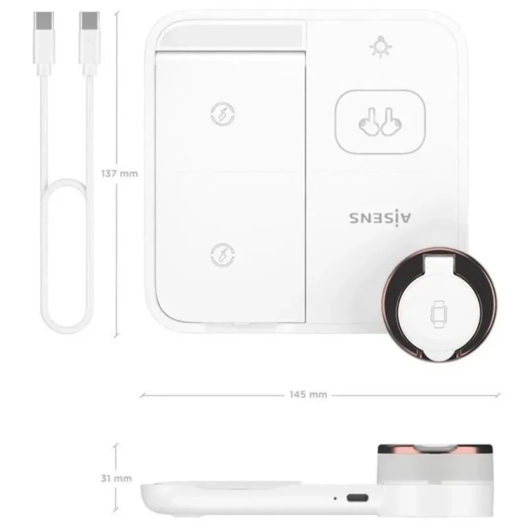 Station de charge sans fil 4 en 1 blanche 15 W Qi, surface modulaire, support montre rond, ports latéraux, câble USB-C inclus, design compact et fin