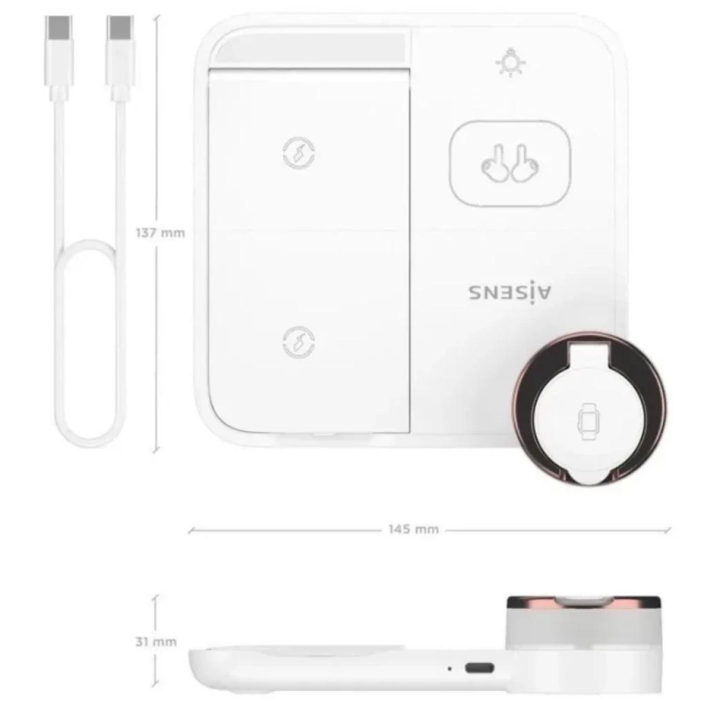 Station de charge sans fil 4 en 1 blanche 15 W Qi, surface modulaire, support montre rond, ports latéraux, câble USB-C inclus, design compact et fin