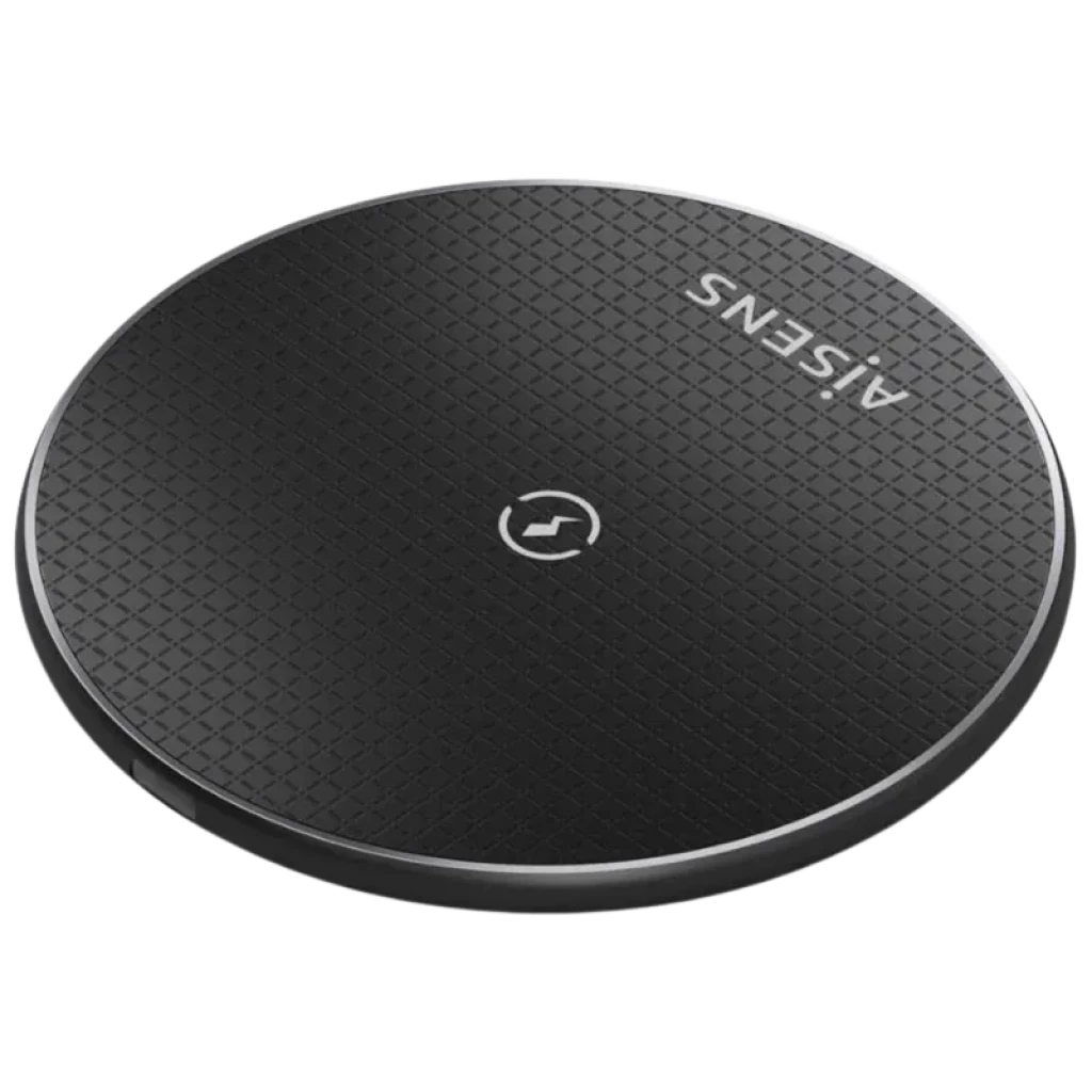 Aisens ASCH-15W1WC058-W carregador sem fios Qi 15 W, base redonda preta com textura antiderrapante, porta USB-C e ícone central de carregamento