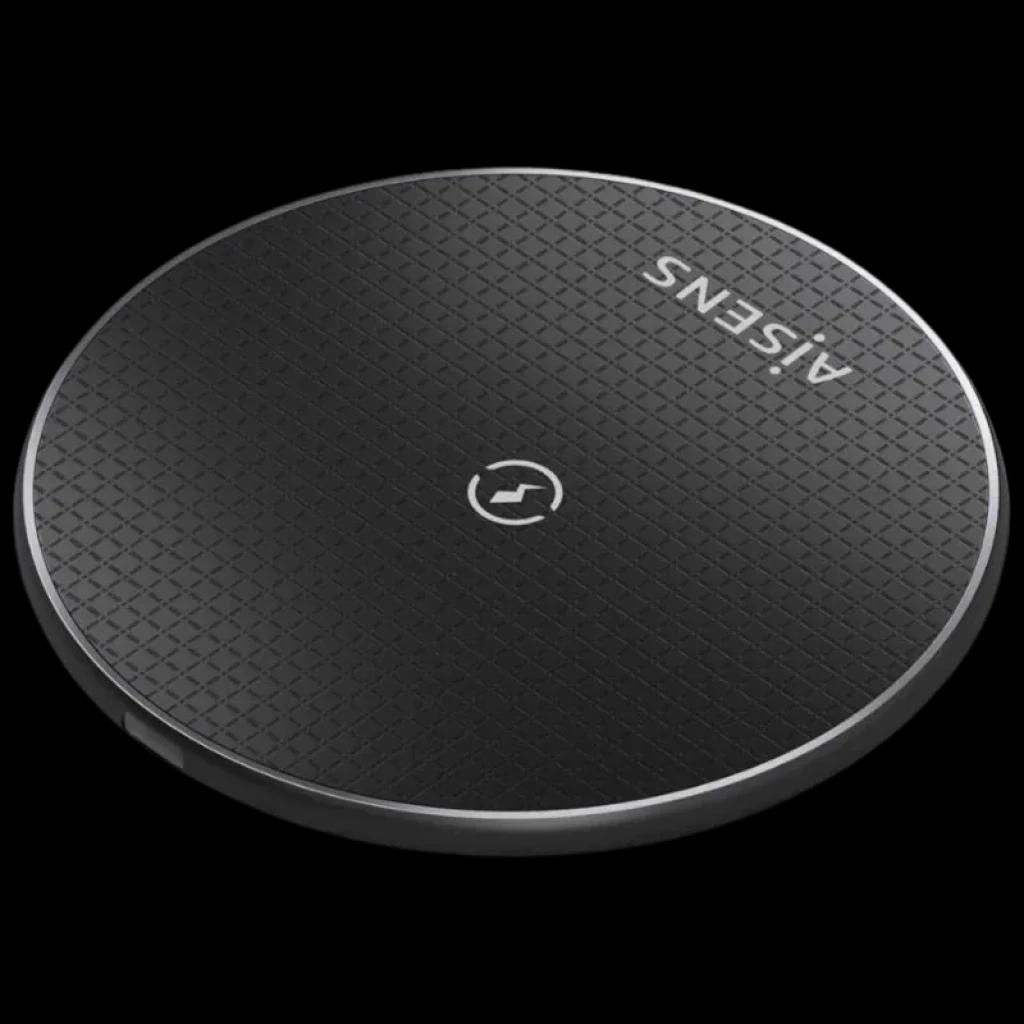 Aisens ASCH-15W1WC058-W carregador sem fios Qi 15 W, base redonda preta com textura antiderrapante, porta USB-C e ícone central de carregamento