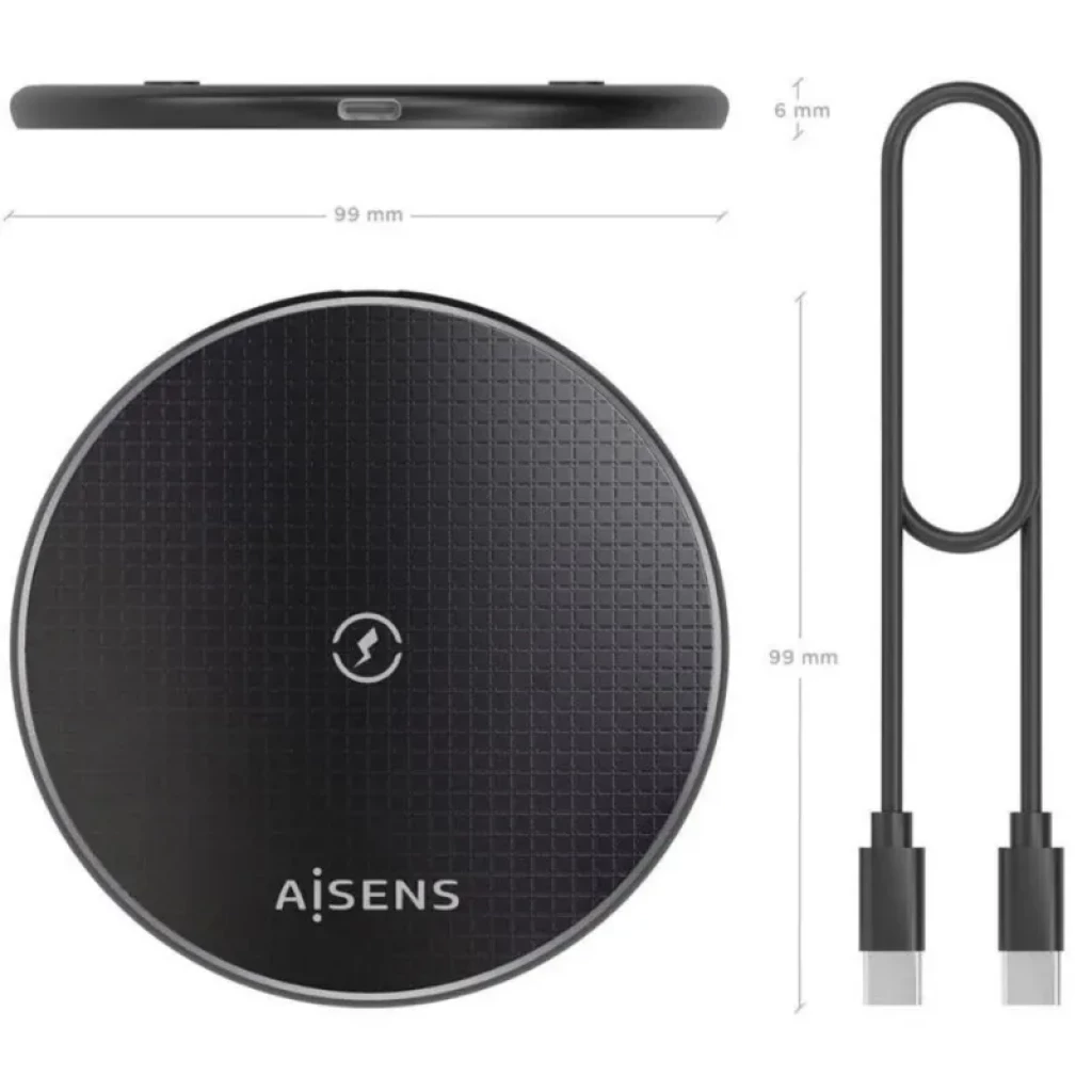 Aisens ASCH-15W1WC058-W Carregador sem fios Qi 15 W preto, base circular 99 mm x 6 mm com textura antiderrapante e cabo USB-C incluído