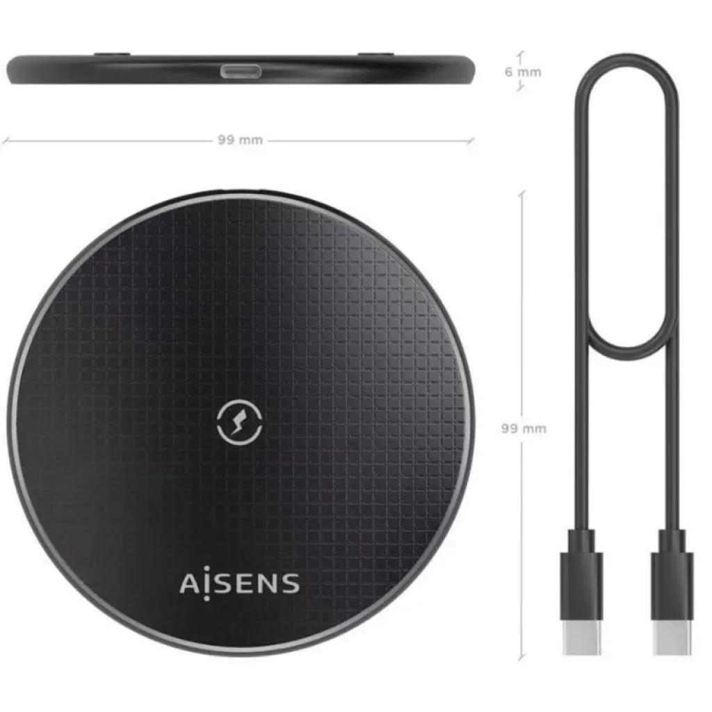 Aisens ASCH-15W1WC058-W Carregador sem fios Qi 15 W preto, base circular 99 mm x 6 mm com textura antiderrapante e cabo USB-C incluído