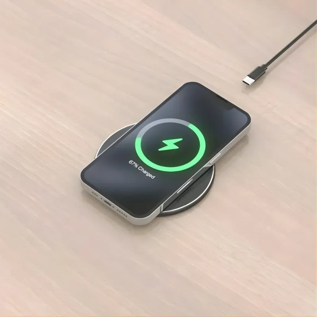 Aisens ASCH-15W1WC058-W Carregador sem fios Qi 15 W com USB-C, base preta circular e fina; smartphone sobre a base mostrando carregamento ativo