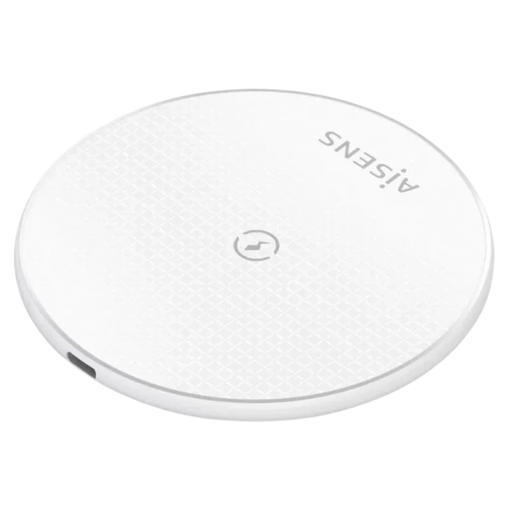 Aisens ASCH-15W1WC057-W carregador sem fios Qi 15 W, base circular branca com textura antideslizante e porta USB-C lateral, design fino e minimalista