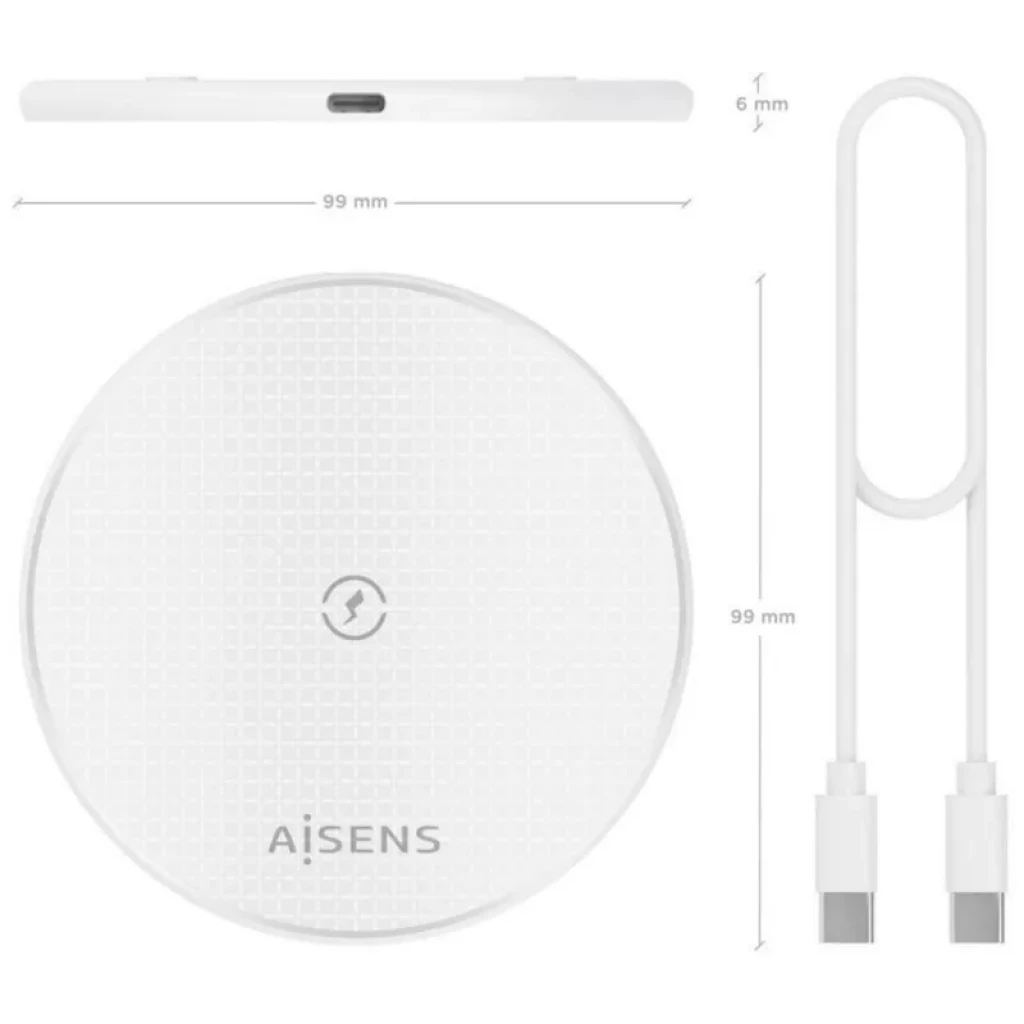 Aisens ASCH-15W1WC057-W carregador Qi 15 W branco, base circular 99 mm x 6 mm, superfície texturizada, porta USB-C e cabo USB-C incluído