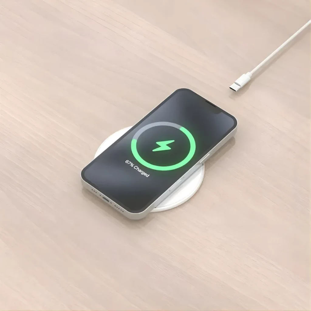 Aisens ASCH-15W1WC057-W Carregador sem fios Qi 15 W com USB-C, base branca circular e acabamento minimalista, telefone em carregamento com indicador verde