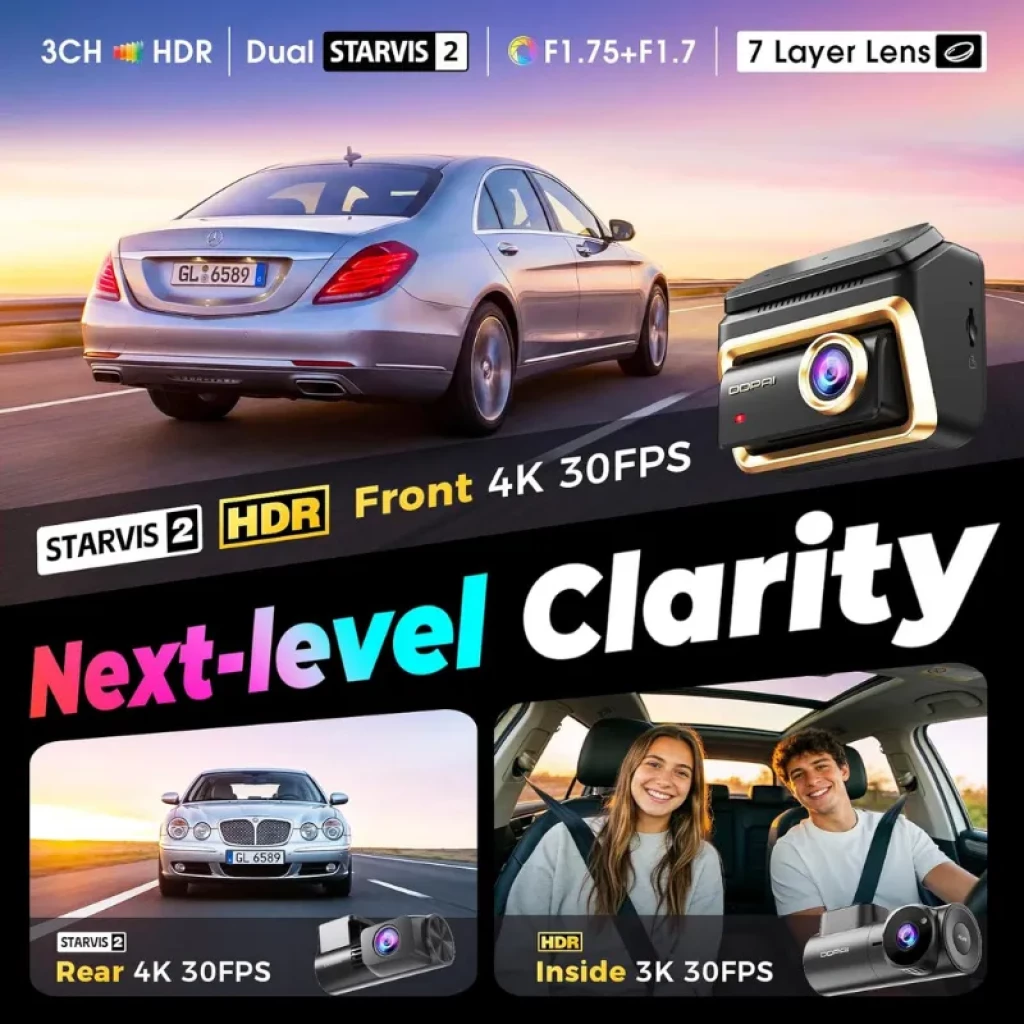 DDPAI Z90 Master 3CH 4K - Câmara para automóvel com lente de 7 camadas, HDR, sensor Starvis 2, frontal 4K 30fps, traseira 4K 30fps e cabine 3K 30fps