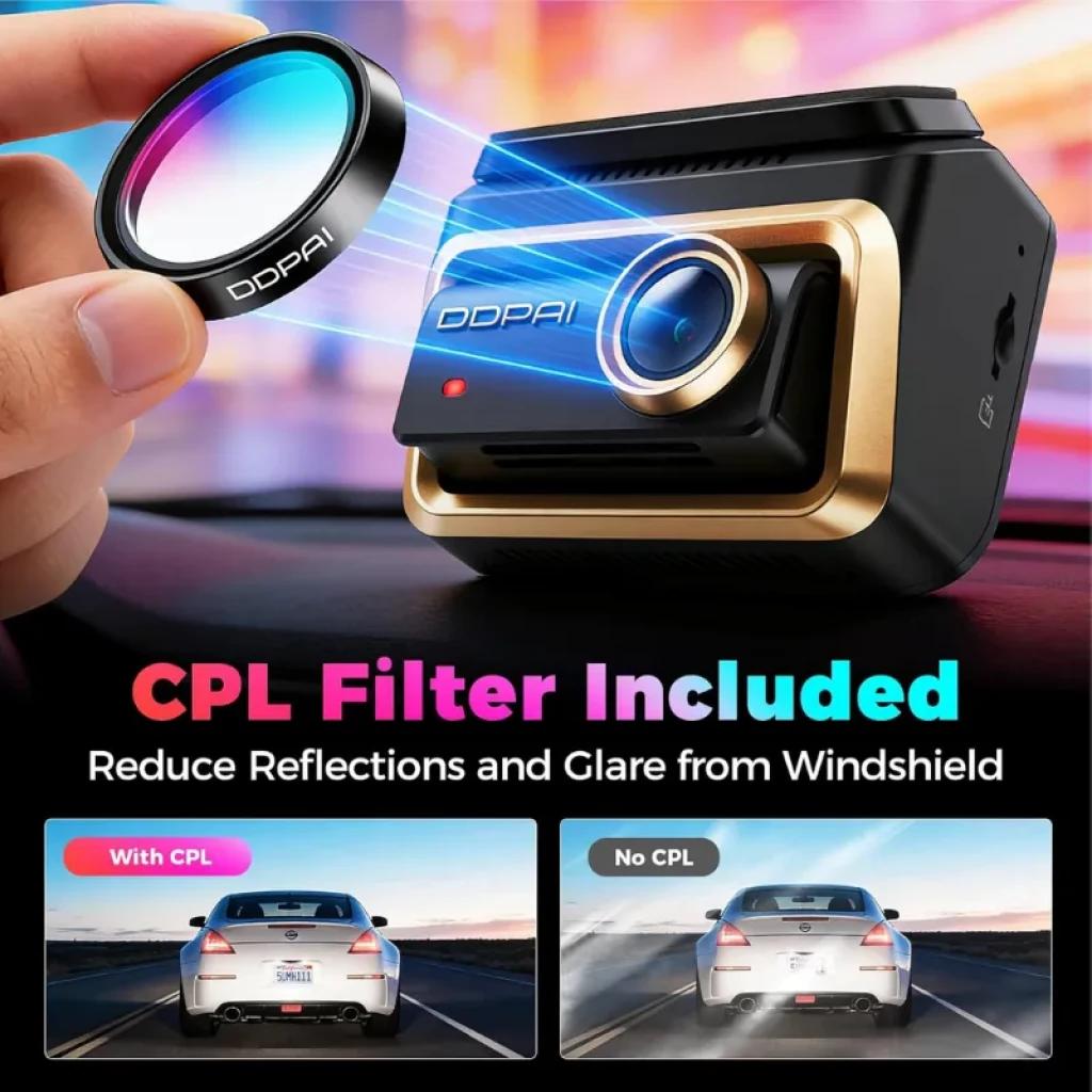 DDPAI Z90 Master 3CH 4K com filtro CPL incluído, corpo preto e dourado, lente grande angular; reduz reflexos e brilho do para-brisa para imagens nítidas