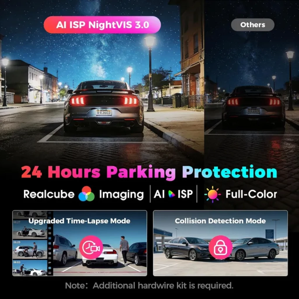 DDPAI Z90 Master 3CH 4K com AI ISP NightVIS 3.0, proteção 24h, cores reais, detecção de colisão e time-lapse; requer kit hardwire adicional