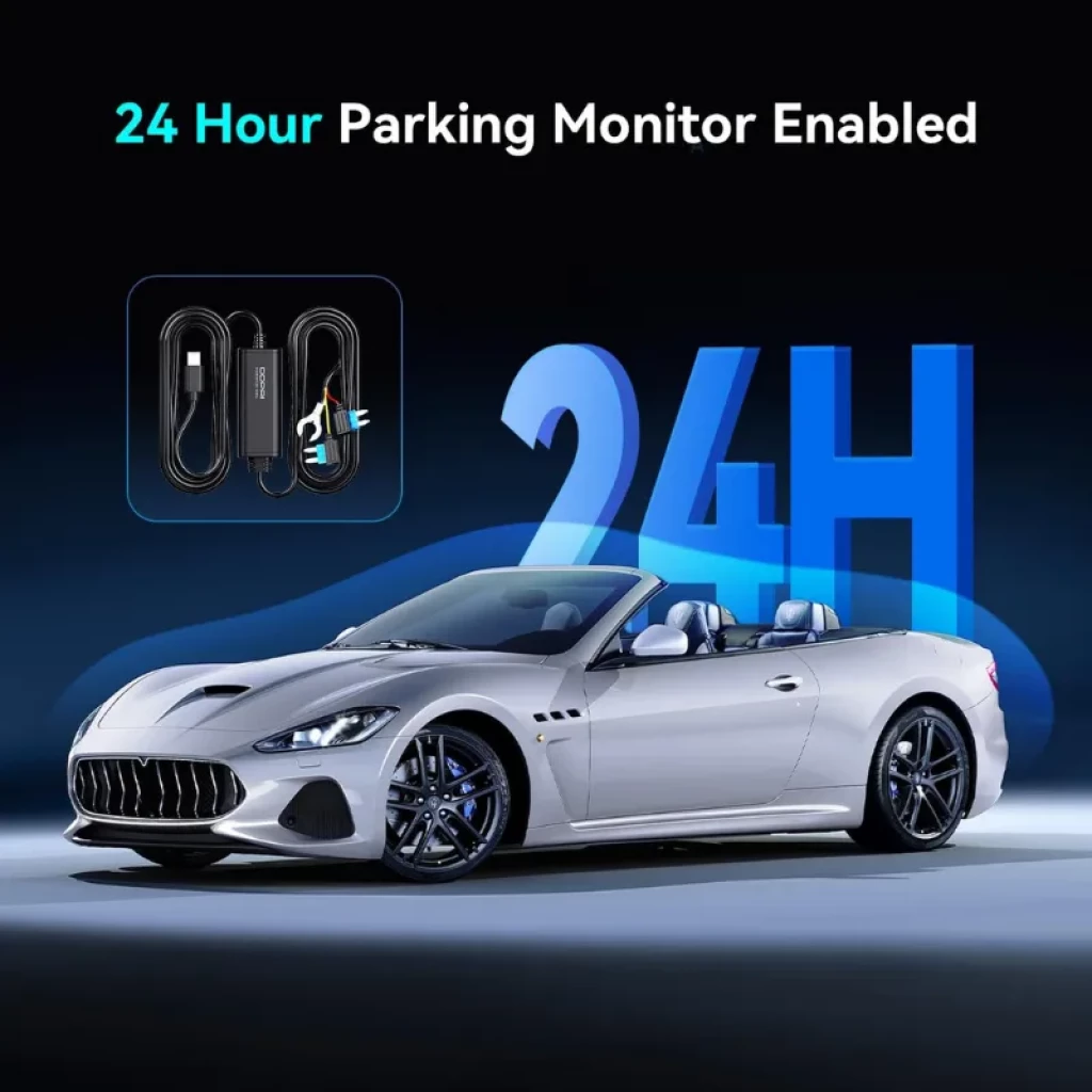 DDPAI Z90 Master 3CH 4K - Cabo hardwire para monitorização de estacionamento 24 horas, conector de fusíveis e módulo de alimentação junto a um carro desportivo
