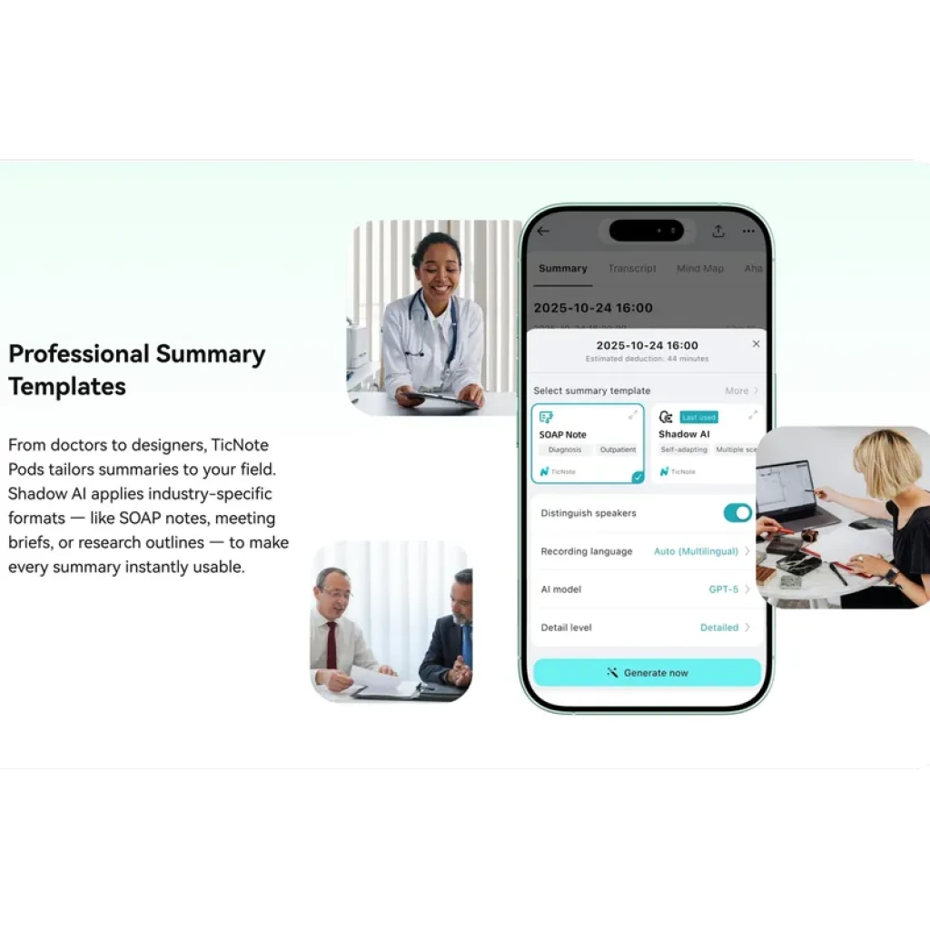 Smartphone mostrando interfaz de TicNote Pods 4G: plantillas de resumen profesional, selección de formato, IA GPT‑5, identificación de hablantes y botón